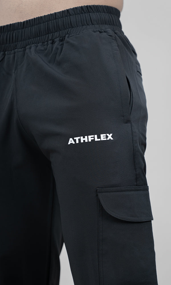 Athflex Linear Cargo Pants in Black - Straight Fit Gym Cargo Pants for Men