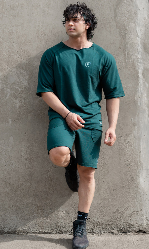 Raw Wide Neck Half Sleeve in Deep Green - Gym tshirt for men by Athflex
