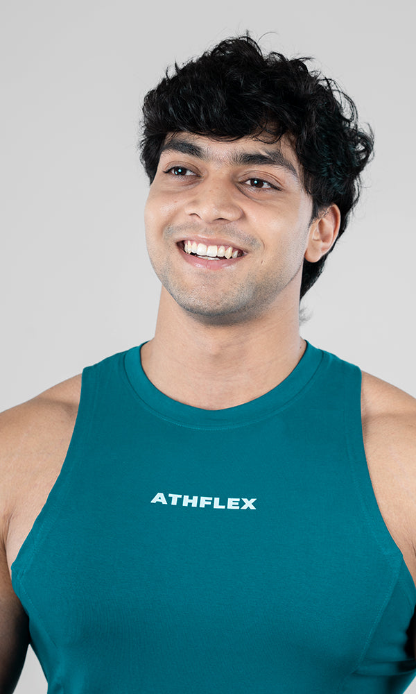 Teal Atmos Tank Top by Athflex: Gym Tank Tops for Men Online
