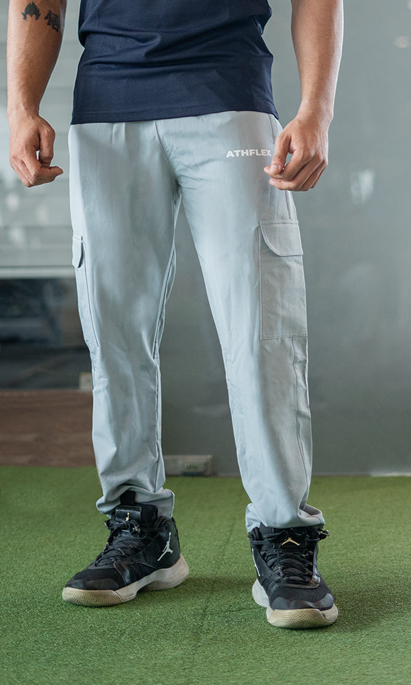 Athflex Linear Cargo Pants in Light Grey - Straight Fit Gym Cargo Pants for Men