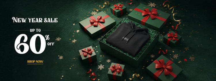 Promotional banner for New Year sale with green gift boxes and red ribbons on a dark background.