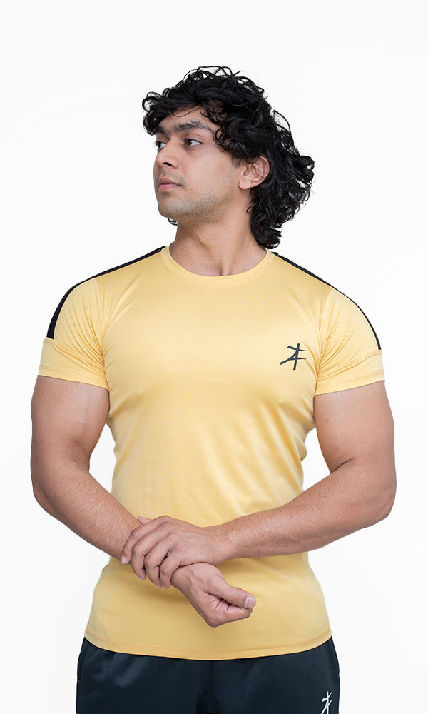 Side Strip Crew Neckline T-Shirt by Athflex in Tint Mustard - Premium Gym Wear in India