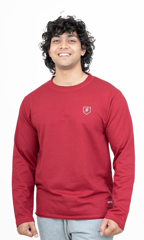 The Raw Edit Full Sleeve Oversize T-Shirt in Musk Red by Athflex - Best Gym Wear in India