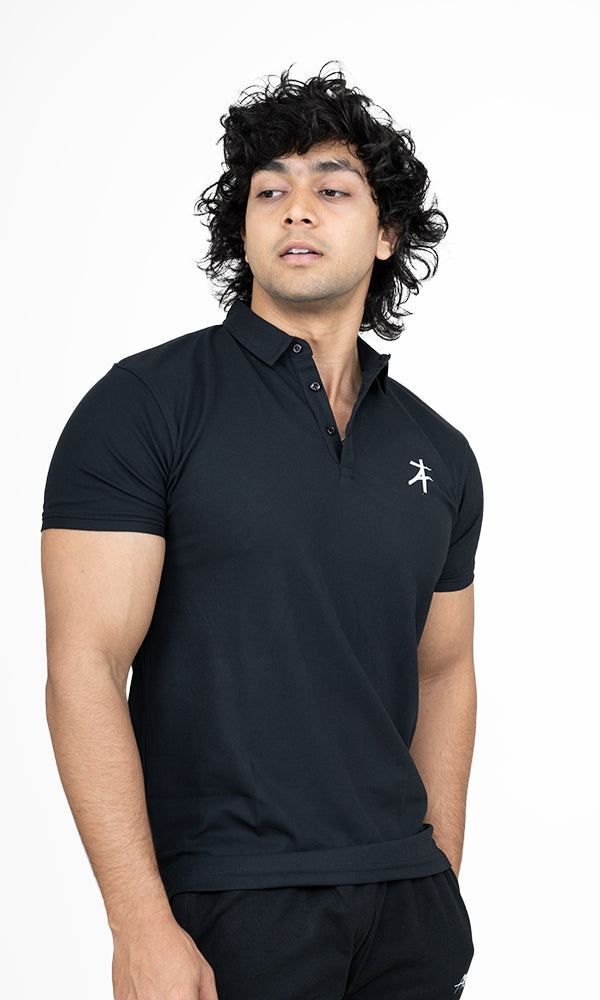 Pique Polo T-Shirt by Athflex in Stud Black - Premium Gym Wear in India