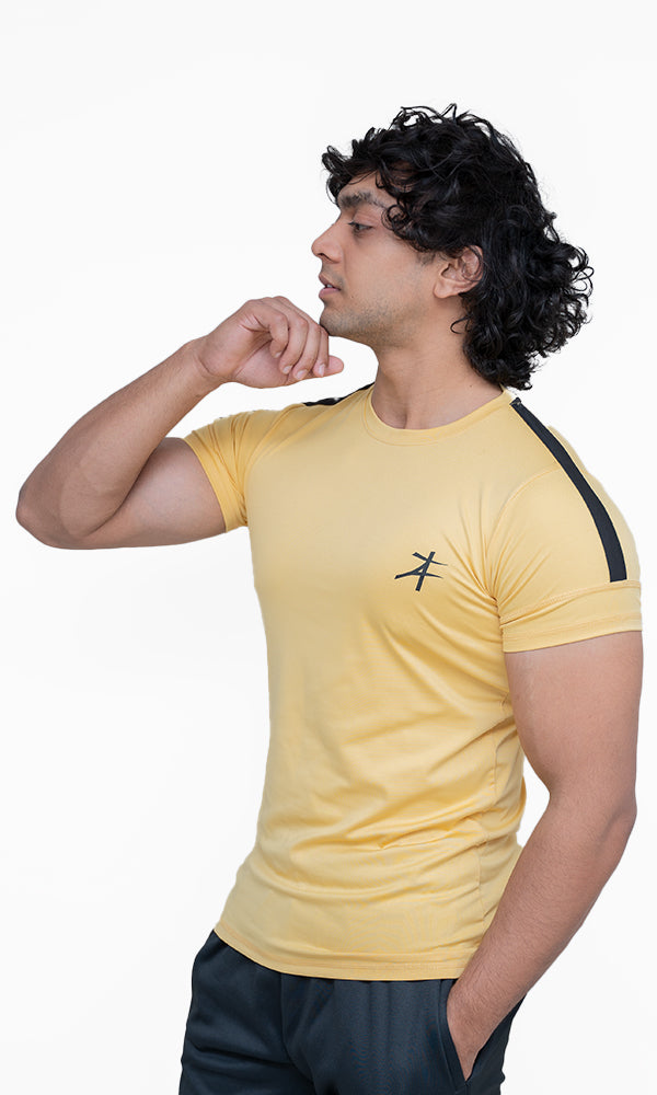 Side Strip Crew Neckline T-Shirt by Athflex in Tint Mustard - Premium Gym Wear in India