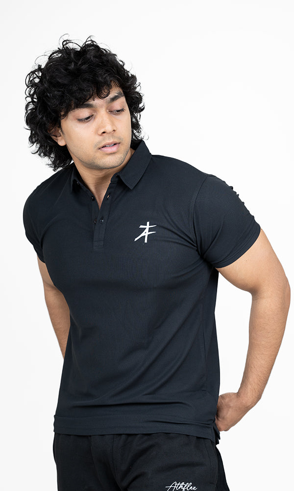 Pique Polo T-Shirt by Athflex in Stud Black - Premium Gym Wear in India
